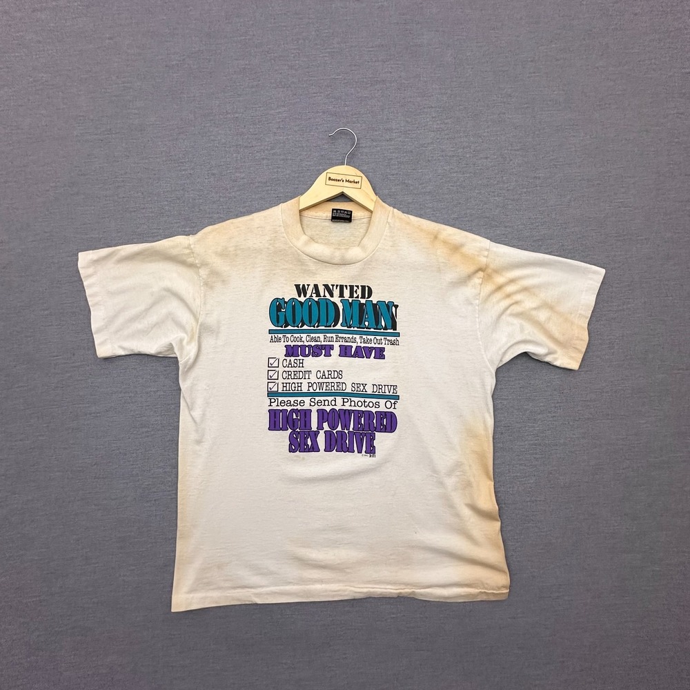 Vintage Sex T Shirt Mens Large Ivory Grunge 1990s Single Stitch USA Adult Humor